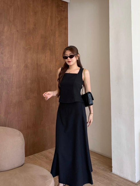 Classy Square Neck Sleeveless Tops With Skirts Sets